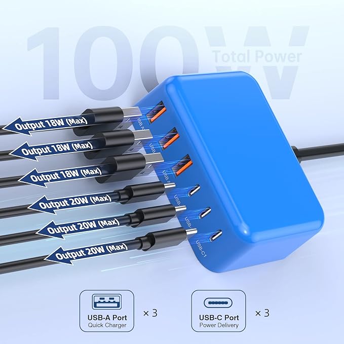 6 in 1 USB Charger, Charging Station for Multiple Devices, 100W Fast Charging Blocks with Type C Ports, USB Charging Hub Organizer Multiport Power Strip for iPhone, Ipad, Kindle, Travel Accessories