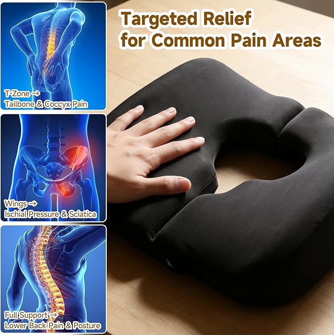 Split-Design Bed Sore Pillow Coccyx Cushion - T-Shaped Pressure Relief Pillow for Tailbone Pain, Hemorrhoids, Post-Surgery & Bedridden Patients | Donut Pillow for Office Chair & Wheelchair Cushions