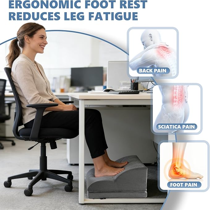 Foot Rest Under Desk for Office, Ergonomic Adjustable Footrest with Washable Cover, Soft Desk Foot Stool for Home Office, Work, Gaming, Long Sitting, Gray