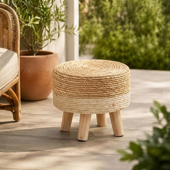 Wimarsbon Round Foot Stool Natural Seagrass Poufs Ottoman Hand Weave Footrest Stool for Couch Desk Extra Seat Step Stool with Solid Wood Legs for Hallway Patio Lounge White