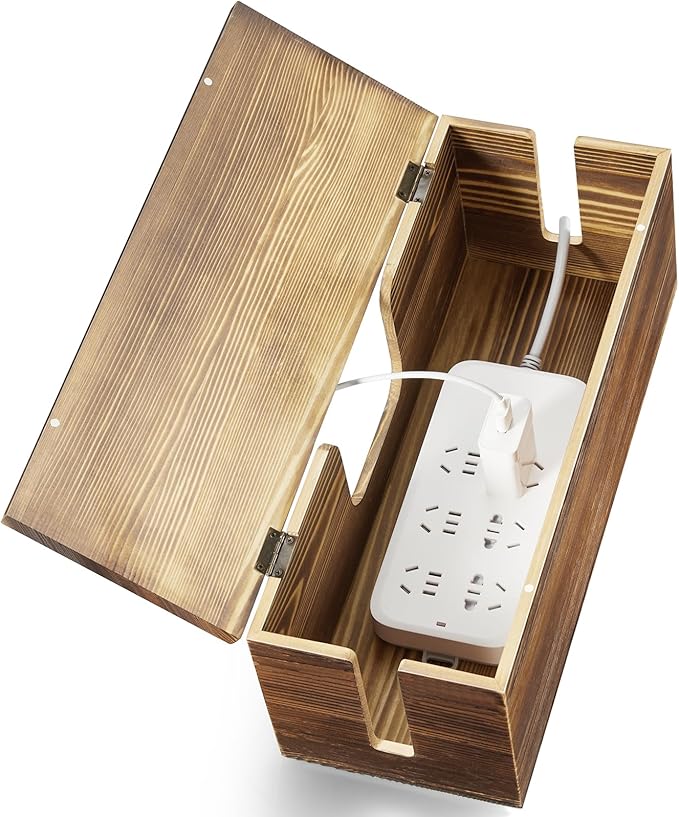 Large Cable Management Box - Burnt Wood Cable Organizer Box and Power Strip Box for Electrical Cord Management - Hide Desk Cord and Floor Cables - Wire Storage and Organization for Cords