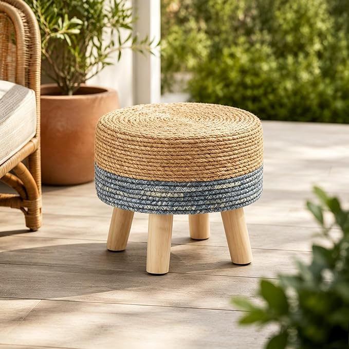 Wimarsbon Round Foot Stool Natural Seagrass Poufs Ottoman Hand Weave Footrest Stool for Couch Desk Extra Seat Step Stool with Solid Wood Legs for Hallway Patio Lounge Blue