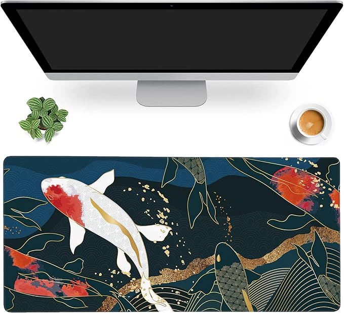 Watercolor Japanese Koi Fish Extended Gaming Mouse Pad Large Desk Mat with Non-Slip Rubber Base and Stitched Edges,Keyboard Mouse Mat Desk Pad for Work,Game,Office,Home 35.4 * 15.7 Inch