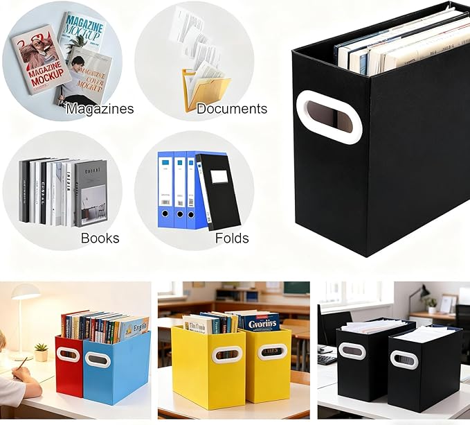 Black Cardboard File Organizer, Storage Box for Hanging File Folders Letter Size, Portable Document Organizer with Handle for Home, School, or Office