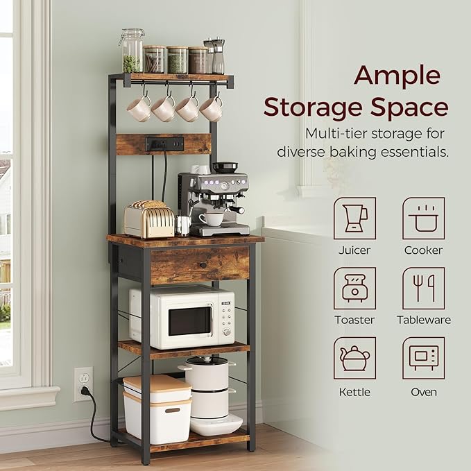 MAHANCRIS Bakers Rack with Drawer, Microwave Stand with Power Outlet, Coffee Bar Station with 4 Hooks, Kitchen Storage Shelf Rack 4 Tiers, for Kitchen, Dining Room, Rustic Brown and Black BRHR48E01