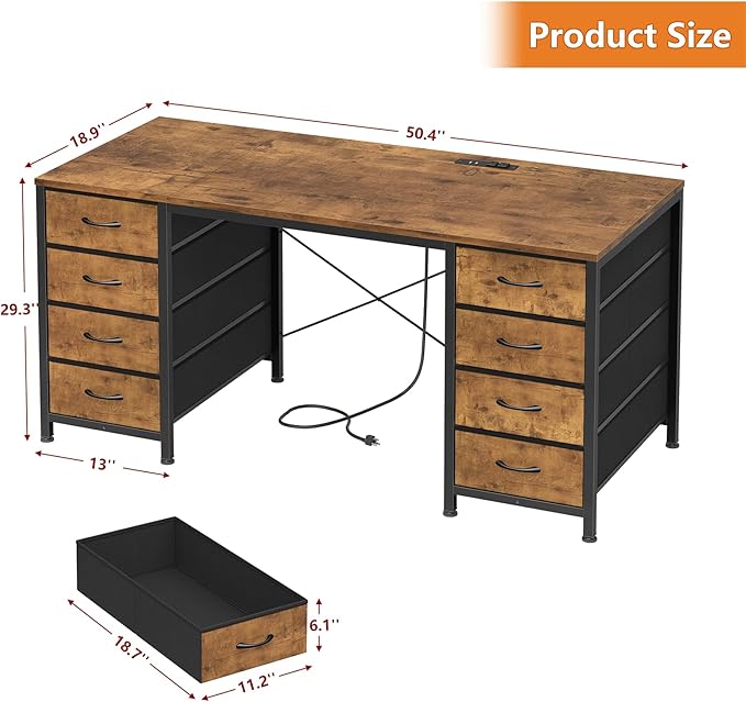 YOMILUVE 50 Inch Computer Desk with 8 Drawers, Home Office Desk with Power Outlets, Work Study Gaming Desk with 8 Fabric Drawers, Rustic Brown
