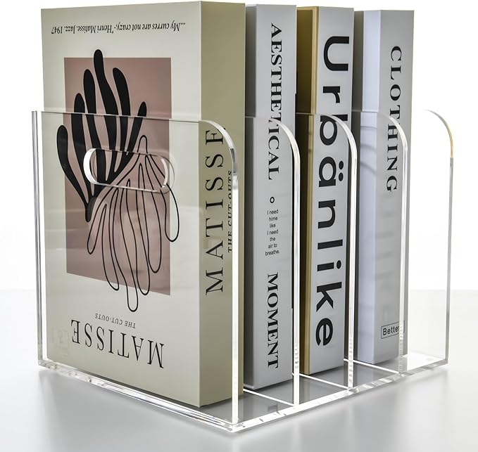 Acrylic File Holder for Desk - 4 Slot Vertical Magazine Organizer & Bookend - Clear Document Sorter Rack for Folders, Binders, Notebooks & Reports - Non-Slip Office Desktop Storage Sorter
