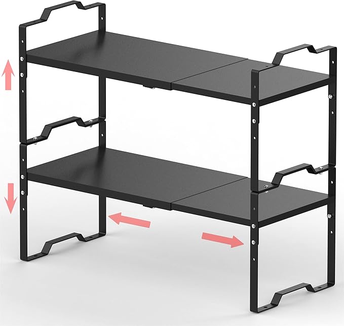 Jojocross Expandable Shelf for Cabinet Organizer Adjustable Stackable Spice Rack at Kitchen and Bathroom More, Counter Countertop Cupboard Organization Pantry Storage(LARGE/2PACKS/BLACK)