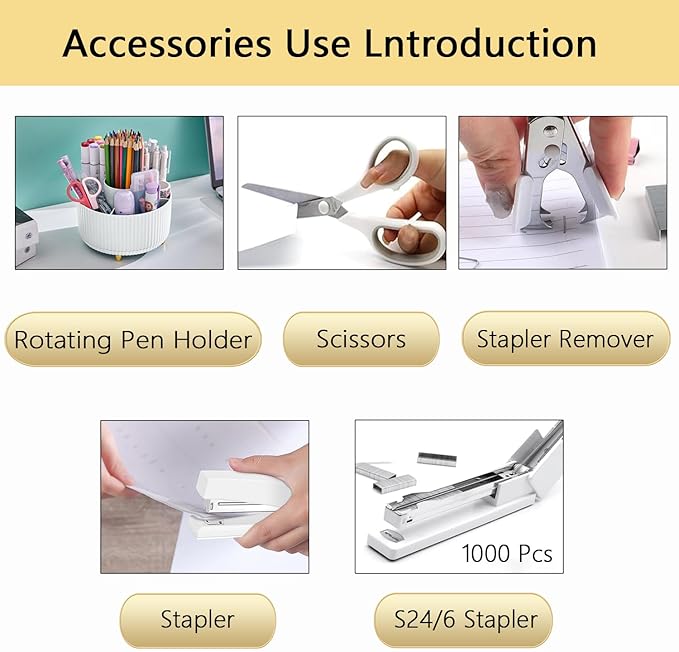 Office Supplies,White Desk Accessories,Office Supplies Set,Desk Organizer,Stapler,Tape Dispenser,Scissors,Staple Remover,Binder Clips,Staples,Ballpoint Pen,Index Tabs with Ruler,Clear Tape.10pcs
