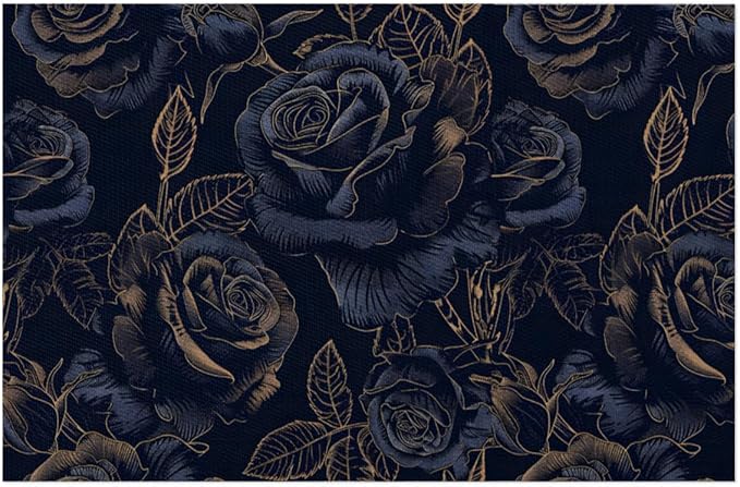 Placemats Set of 4 Heat-Resistant Rectangle Place Mats Black Flower Rose Washable Plastic PVC Dining Table Mat Non-Slip Wipeable Woven Vinyl Placemat for Kitchen Patio Table Decor