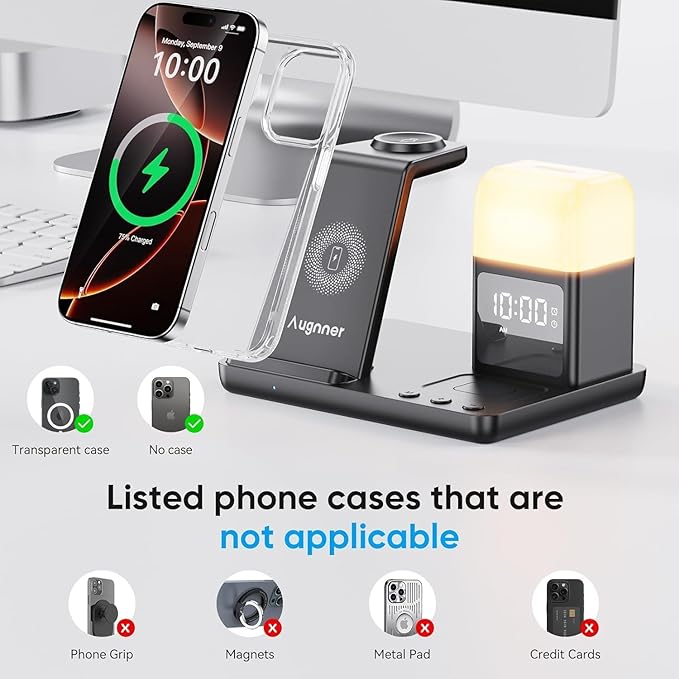6 in 1 Wireless Charging Station with Clock & Night Light，Alarm Clocks for Bedrooms,Wireless Charger Stand with Beside Clock for iPhone 17/16/15/14/13/12 Pro Max, Apple Watch,Airpods (Black)