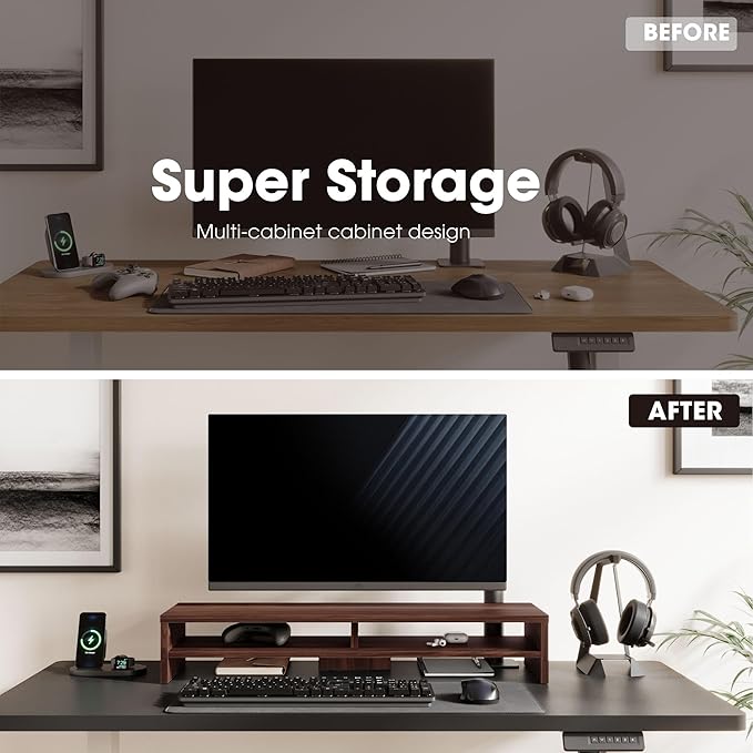 Fenge Monitor Stand, 31.5 Inch Computer Monitor Riser for Desk, 2 Tiers Wood Desk Shelf with Storage, Desktop Organizer for PC, Laptop, Screen, Printer