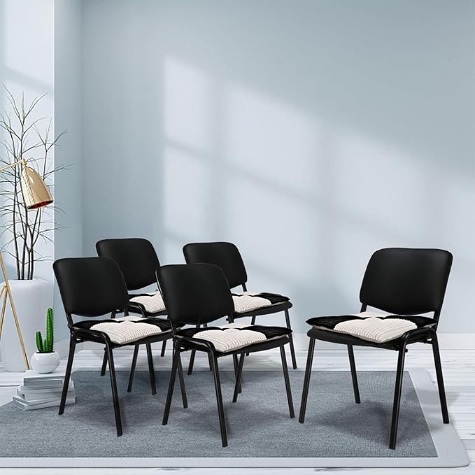 Office Stacking Chair Cushions 4 Pack, Corduroy High Density Foam Kitchen Seat Cushions with Ties, Square 17" x 17" Indoor Non-Slip Dining Chair Pads, Black+ White，4pcs