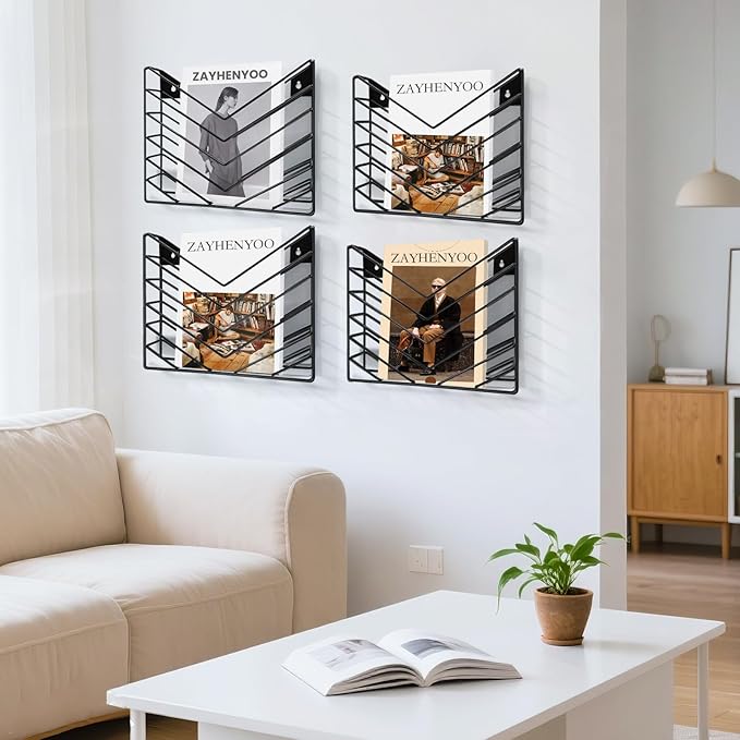 Wall Mounted Magazine Rack, Metal File Organizer for Hanging Mail and Books, Black Powder Coated Finish, 8x6x1.5 Inches, 4 Pack