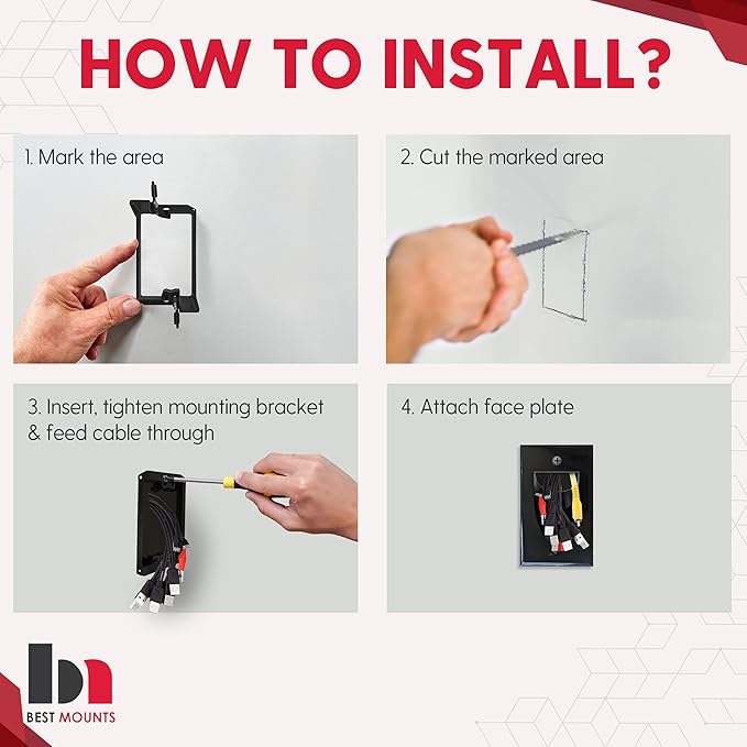 1 Pack Wall Plate Cable Pass Through with Bracket - In Wall Cable Management Kit - Recessed Cable Wall Plate Pair with Single Gang Low Voltage Mounting Bracket - Decorator Cover for Low Voltage Cables