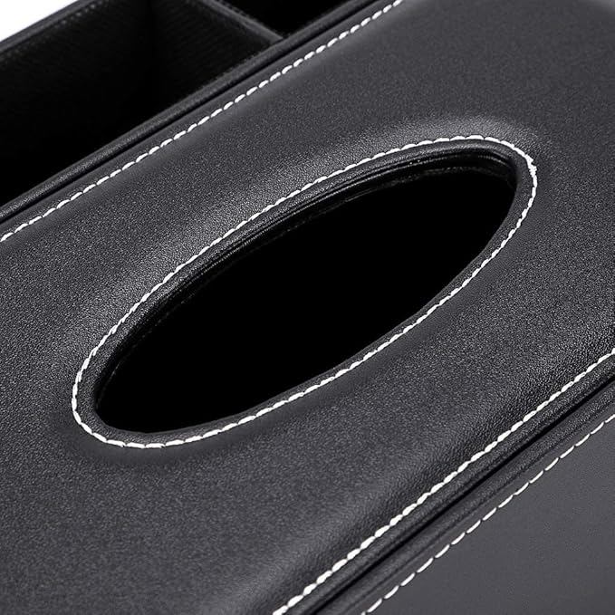 PU Leather Tissue Box Cover - Multifunctional Tissue Box Holder with Stationery Remote Control Box - Elegant and Stylish Home Napkin Holder Desktop Tissue Paper Holder Desk Storage Organizer (Black)