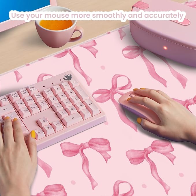 Pink Bow Mouse Pad, Desk Mat Large Bows Laptop Pad Computer Mat, Gaming Keyboard Mat Non-Slip Rubber Base Desk Pad, Stitched Edge, Cute Girly Pink Desk Accessories Women Office Decor 23.6" x 11.8"