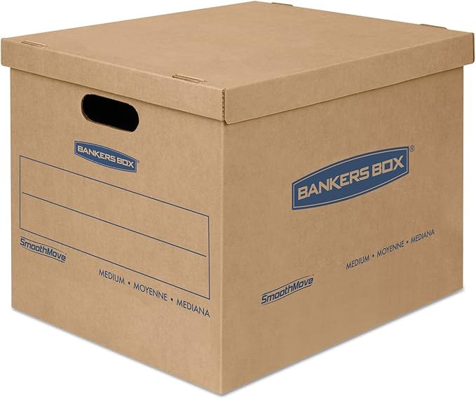 Bankers Box Small Classic Moving Box 20 Pack, Reinforced Handles, Tape-Free Assembly, Box with Lid, 15" x 12" x 10", Cardboard