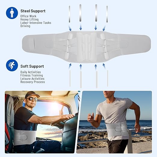 Comfortable Breathable Adjustable Back Brace-Size L(Belly 37.4-45.3 in),Featuring Adjustable Pressure Strap,4 Steel Stays,and Spring;Perfect for Office,Gym,and Driving.