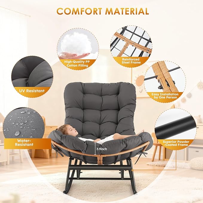 Garvee Papasan Rocking Chair with Foot Rest, Oversized Papasan Chair with Thick Removable Cushion and Metal Frame, Lounge Chairs and PE Rattan Rocker for Patio, Porch, Garden, Lawn, Living Room