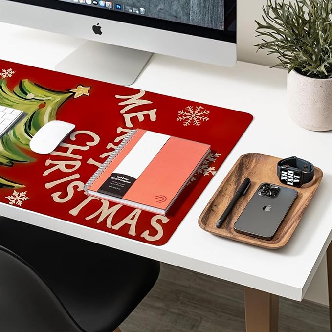 Christmas Desk Mat, Xmas Tree Merry Christmas Large Mouse Pad for Desktop, PU Leather Waterproof Desk Pad, Computer PC Laptop Protector Gaming Mouse Pads for School Office Home 23.6" x 11.8"