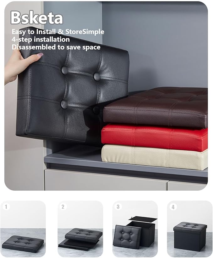 Bsketa Storage Ottoman, Folding Foot Stool with Thicker Foam Padded Seat Small Leather Storage Ottoman Bench Foot Rest for Living Room Foldable Coffee Table 17x13x13in,Black