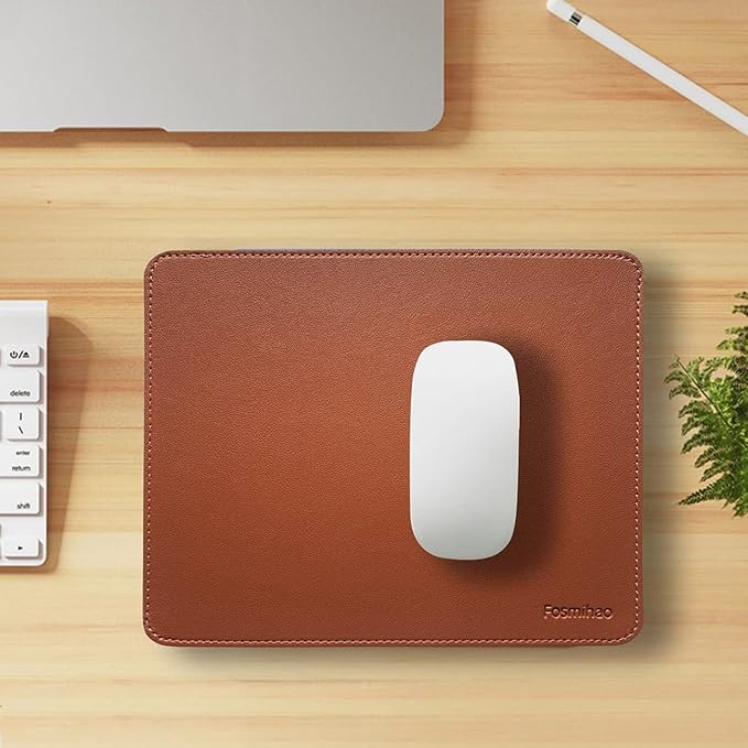 Leather Mouse Pad - Wooden Double-Sided Mouse Pad with Stitched Edge, Waterproof Ultra-Thin, 10.2 x 8.3 Inch, Brown