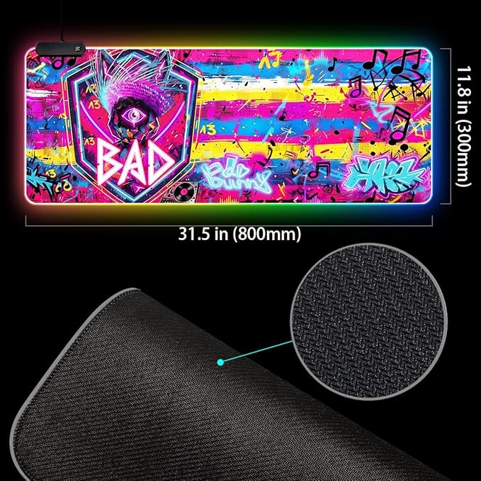 Cyberpunk Neon Rabbit RGB Gaming Mouse Pad – 31.5"x11.8" Large LED Desk Mat with Urban Street Art Design Third Eye, Shield & Straw Hat Motif for PC & Laptop Setup