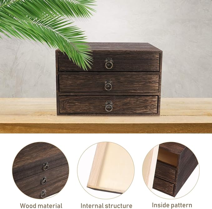Cabilock Solid Wood Desktop Drawer Organizer with Pull Ring Vintage Retro Storage Box for Office Supplies and Home Desk Accessories 10.03X9.64X6.49 Inches