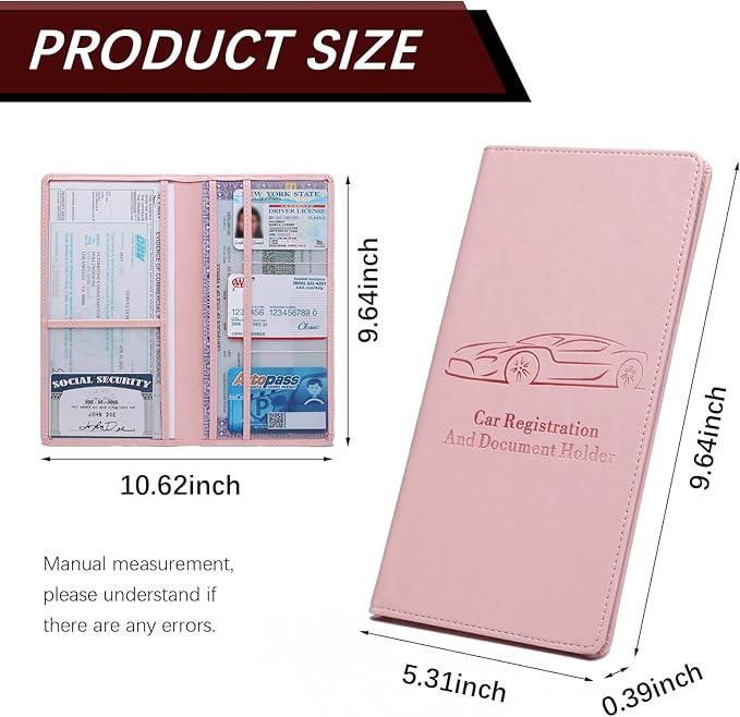 Car Registration and Insurance Card Holder for Women Men, Pink Glove Box Paperwork Organizer with Magnetic Buckle for Easy Access and Protect Documents and Various Cards in Vehicle