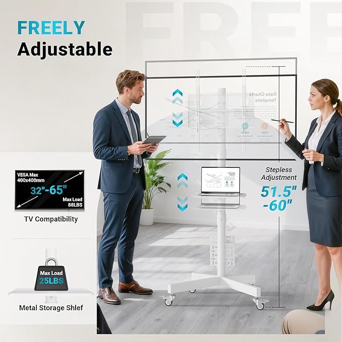 BONTEC Rolling TV Stand with Pegboard Storage for 32–65 Inch TVs, Holds, Height Adjustable Mobile TV Cart on Metal Wheels with Shelf & Cable Management,Holds up to 88 lbs, Max VESA 400x400mm, White