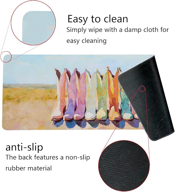 Cowboy Cowgirl Boots Western Mouse Pad,Vintage Western Desk Accessories,Cute Boho Country Aesthetic Desk Mat for Home Office Dorm Desktop Decor,Girly Mousepad,31.5x11.8 Inch