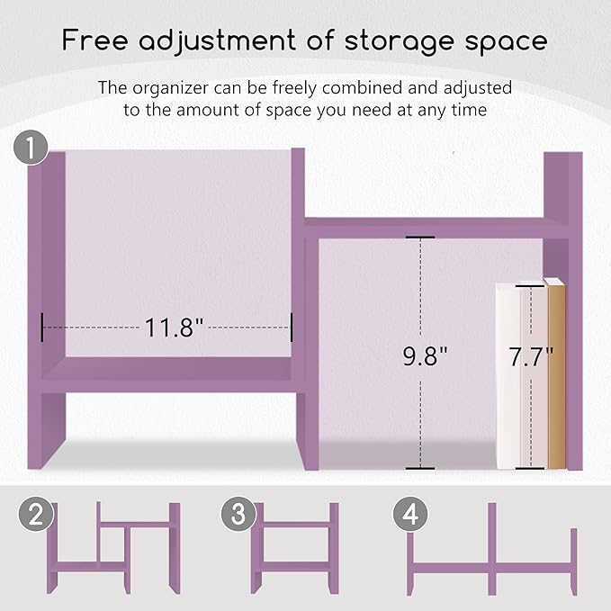 Jerry & Maggie Desktop Organizer Office Storage Rack Adjustable Wood Display Shelf Free Style Double H, Multi-Functional Mini Bookshelf for Desk Natural Stand (Violet/2 Pack)