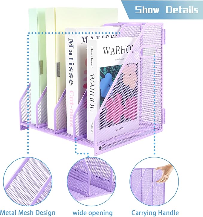 Desk Organizers Metal Magazine File Holder Racks Desktop Folder Storage Binder Organiser Document Organization for Home Office & Classroom,4 Vertical Compartments-Purple