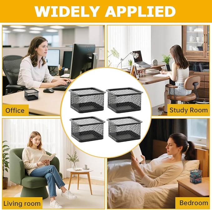 Paper Clip Holder, Stackable Mesh Desk Organizer, 4 Pack Black Metal Dispenser Organizer Box for Desk Office Binder Supplies & Small Accessories(Size:Square)