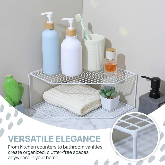 Beavorty 2-Tier Corner Storage Shelf Cabinet Organizer Corner Stand Rack Countertop Shelf Storage for Dishes and Plates Kitchen Cabinet Pantry Cosmetics Makeup Organization 12cm White