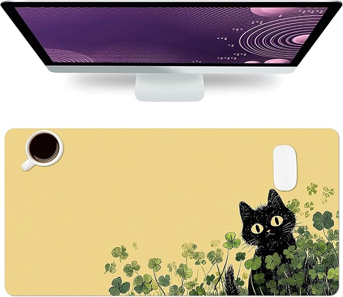 Clover Mouse Pad PU Leather Black Cat Desk Mat Large Waterproof Gaming Pad Non-Slip Keyboard Mouse Pad Writing Pad for Gamer Office&Home