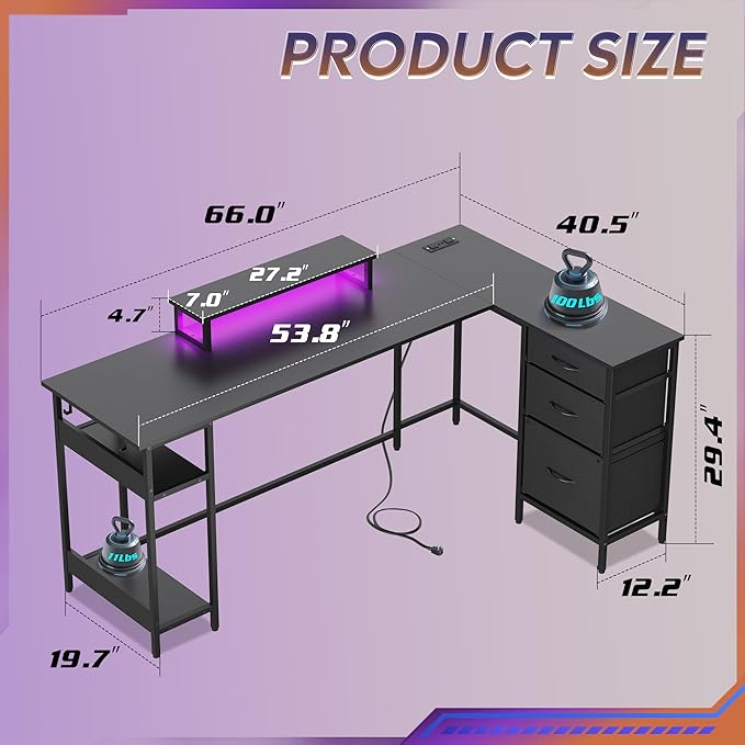 DEVAISE 66 Inch L Shaped Gaming Desk with Drawers and Storage, Corner Desk with LED Lights, Power Outlets, Computer Desk with Monitor Stand, Office Desk for Home, Black