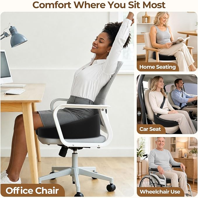 TushGuard Ergonomic Donut Pillow Seat Cushion with Raised Rear Support, Large Memory Foam Cushion for Tailbone, Hemorrhoids & Sciatica Relief, Office Chair, Car, Travel, Postpartum, Black