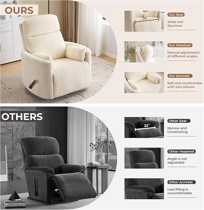 Oversized Swivel Rocker Recliner with Massage and Heat, Swivel Nursery Recliner with Adjustable Headrest, Manual Rocker Recliner Chair with Two Removable Pillows, Rocking Nursery Chair,Corduroy Beige