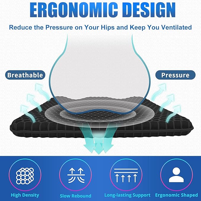 Gel Wheelchair Seat Cushion for Long Sitting - Cooling Office Chair Cushion for Sciatica, Back, Pressure Sore, Tailbone Pain Relief - Soft & Breathable Butt Pillow with Non-Slip Cover for Wheelchair