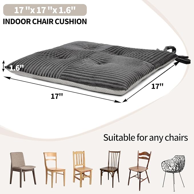 Office Stacking Chair Cushion with Ties, Corduroy High Density Foam Non-Slip Kitchen Seat Cushion, Square 17" x 17" Indoor Dining Chair Pads, Grey, 1 PCS