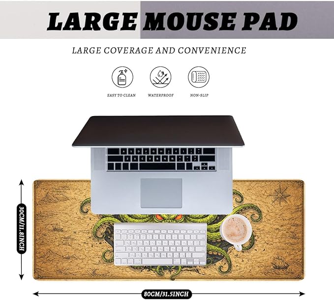 Octopus Monster Mouse Pad Cthulhu Dark Sea Pirate Fantasy Mousepad Extended Large Laptop Keyboard Non-Slip Rubber Base with Stitched Edges for Home 31.5x11.8 Inch