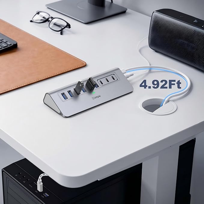 Powered USB Hub 10Gbps, intpw YH6AC 9-Port USB HUB with 10Gbps USB A/USB C 3.2, 4 USB 3.0, 2 PD 45W Charging Port, 65W Power Adapter + 4.92FT Cable, Aluminum USB Hub for Laptop, PC,iPhone 17/16