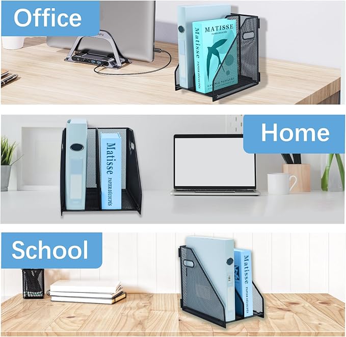 Desk Organizers Metal Magazine File Holder Racks Desktop Folder Storage Binder Organiser Document Organization for Home Office & Classroom,2 Vertical Compartments