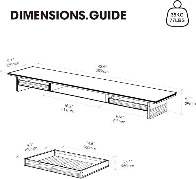 Fenge 42.5” Dual Monitor Stand Riser with 2 Felt-Lined Drawers, Aesthetic Metal and Wood Monitor Shelf with Acrylic Legs, 2-Tier Desk Organizer for 2 Monitors, Laptop, Printer, TV, White