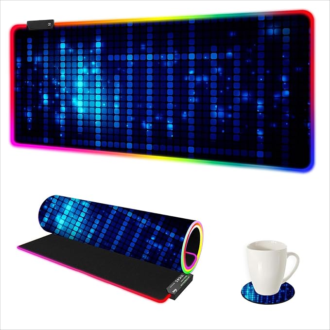 ARTSO Blue RGB Gaming Mouse Pad, XXL Mousepad Non-Slip Rubber Base, Cool Computer Desk Pad Keyboard Mat LED Glowing Square Extended Mouse Pad for Gamer