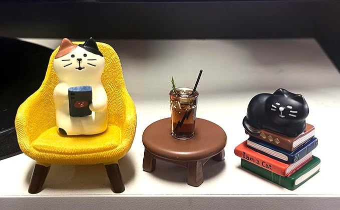 Cute Cat Home Decor Office Desk Accessories, Cats Playing Phone on Sofa and Drinking Coffee, Mini Kitty on Books Miniature Figurines Cats Decorations Gifts for Cat Lovers Computer Book Shelf Decor