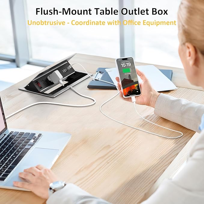Kungfuking Recessed Power Strip with USB C PD 30W, Conference Table Power Hub Outlet Connectivity Box Rotatable with Switch and Metal Casing, 6 FT Cord