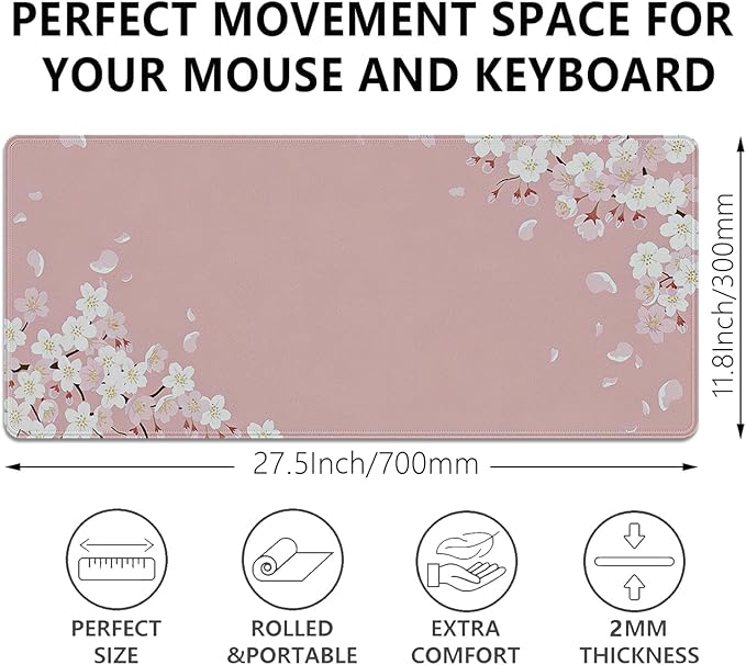 Pink Cherry Blossom Large Mouse Pad Desk Mat, 27.5x11.8in Japanese Sakura Floral Extended Keyboard Mousepad with Stitched Edges, Non-Slip Waterproof Rubber Base for Office, Computer & Laptop
